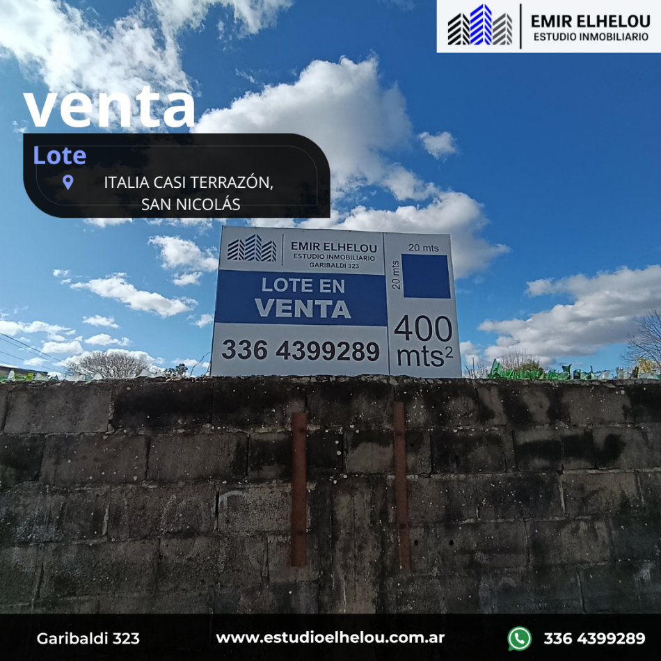 Excelente Lote de 400 mt² ubicado en calle Italia casi esquina Terrazon.