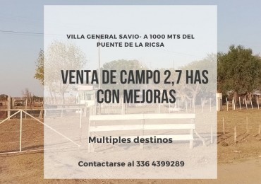 Campo de 2,7 hectareas con mejoras en Villa General Savio